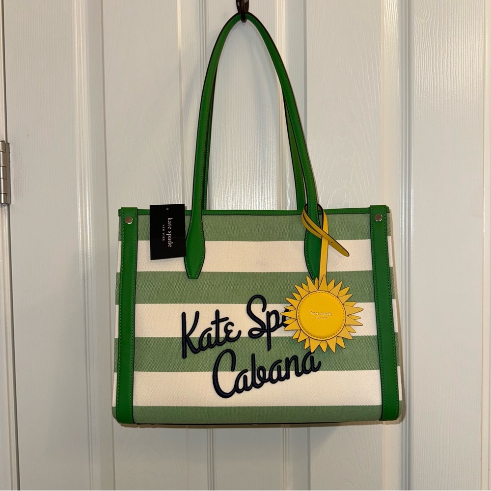 Kate Spade medium green striped cabana tote and bag charm🌞